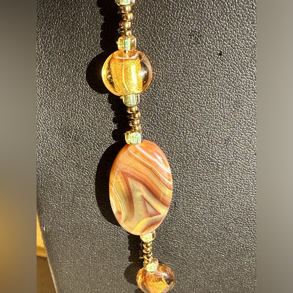 Venetian Murano Gold Glass Foil Beads with Agates Necklace  24" - Picture 8 of 8
